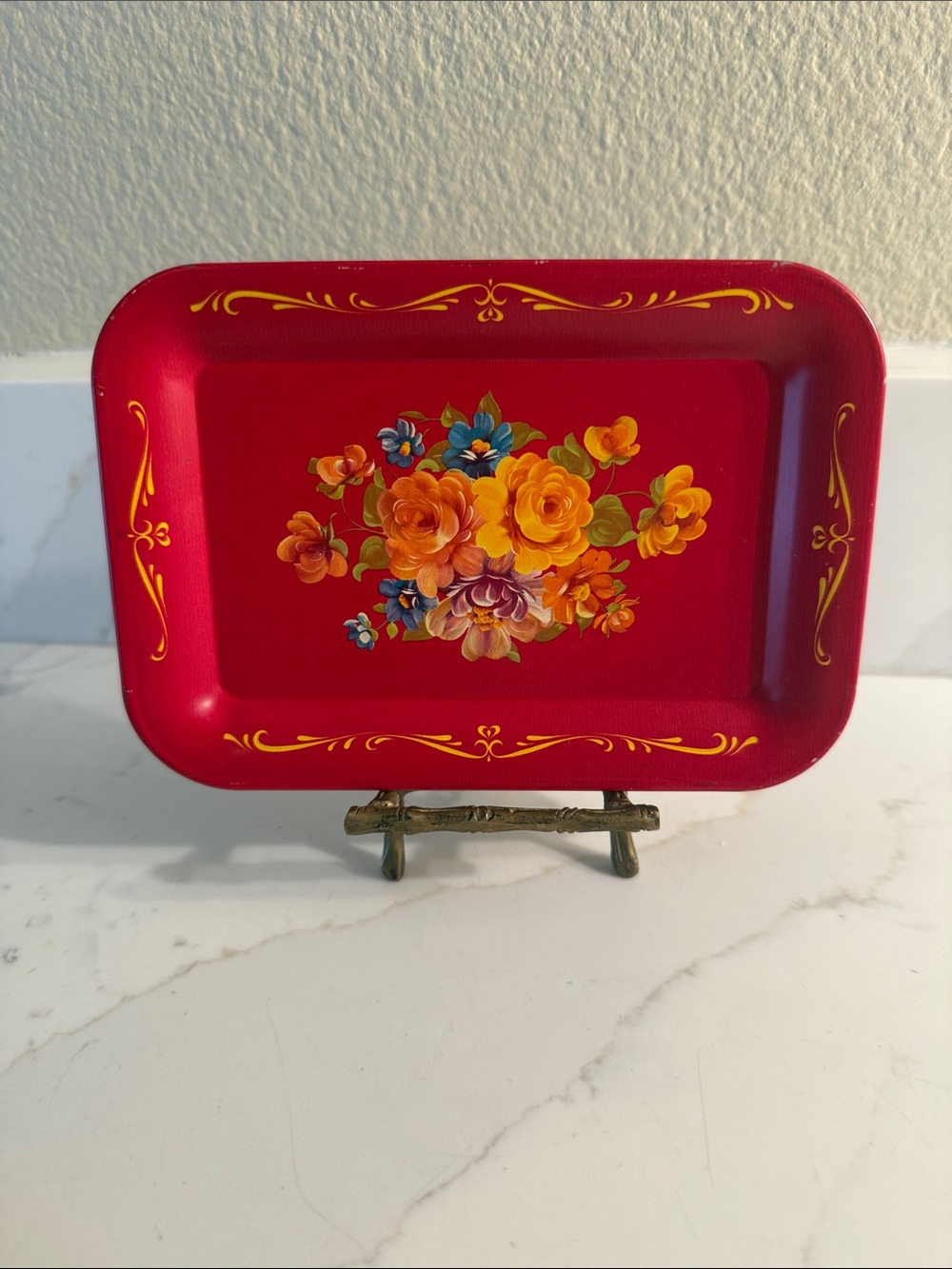 Vintage Red Floral Metal Toleware Mini Trays Set of 4